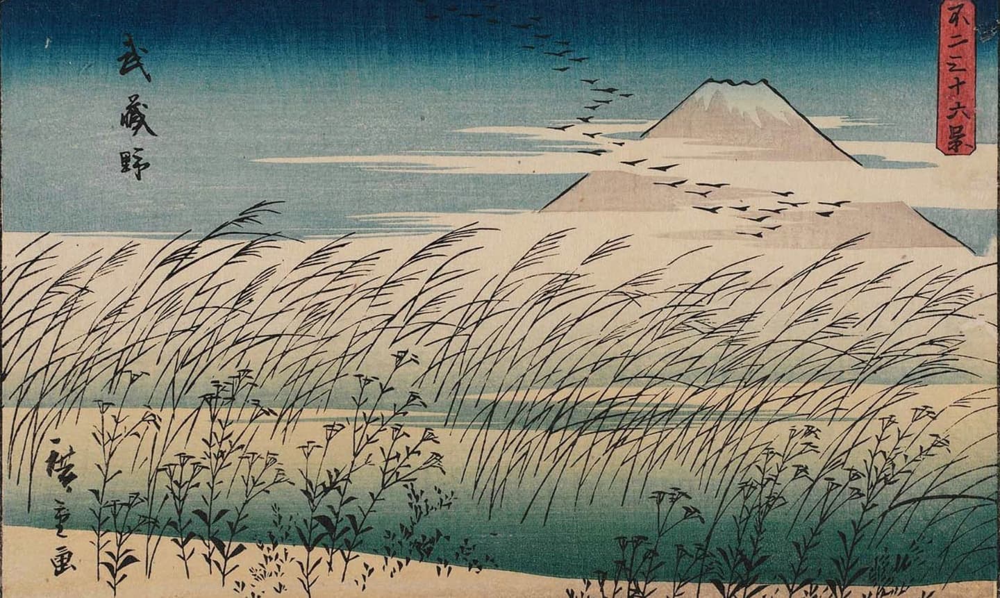 Image: Utagawa Hiroshige, “Thirty-six Views of Mt. Fuji: Musashino”, 1852.